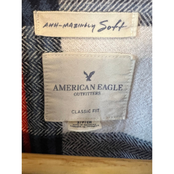 Women's American Eagle Flannel Plaid Button Down Shirt S Blue White Long Top - Picture 9 of 9